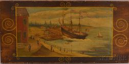 Oil on Wood Panel Depiction of a Ship Launch